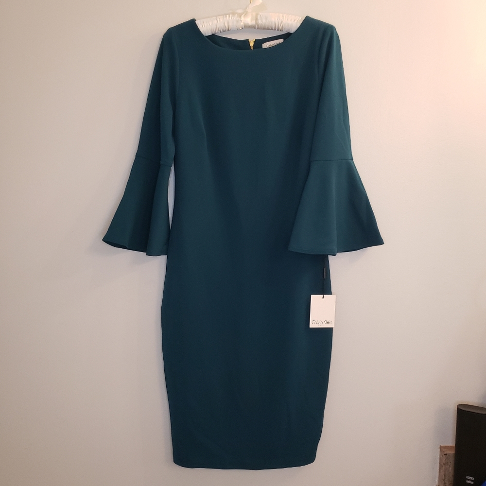 NWT Calvin Klein Teal Wiggle Dress with Flared Sleeves, Size 10